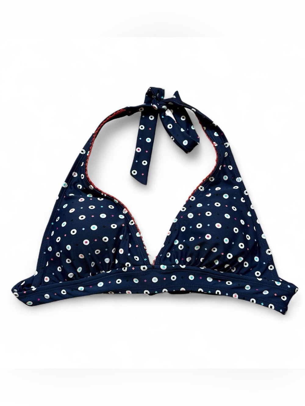 Navy Blue Geometric Print Halter Bikini Top with Red Crochet Trim